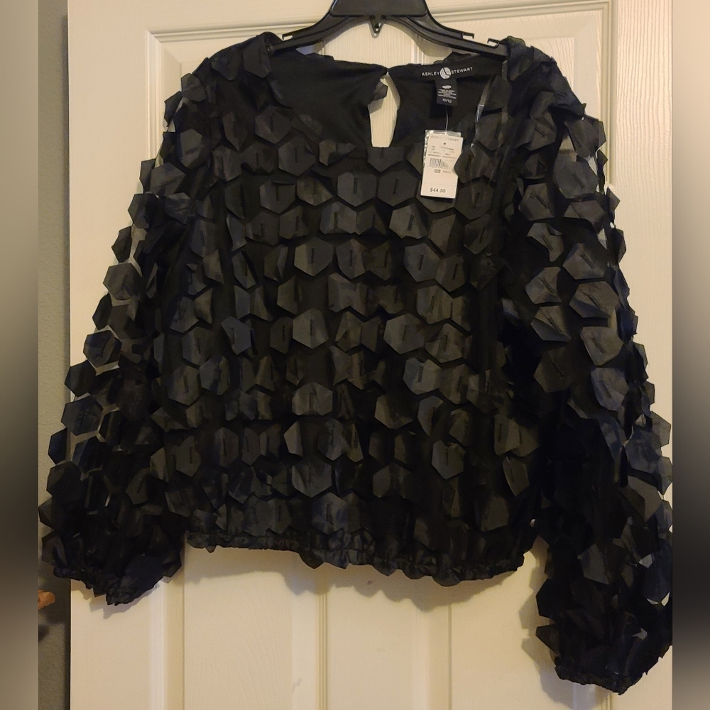 Ashley Stewart Black Embellished Long Sleeve Blouse